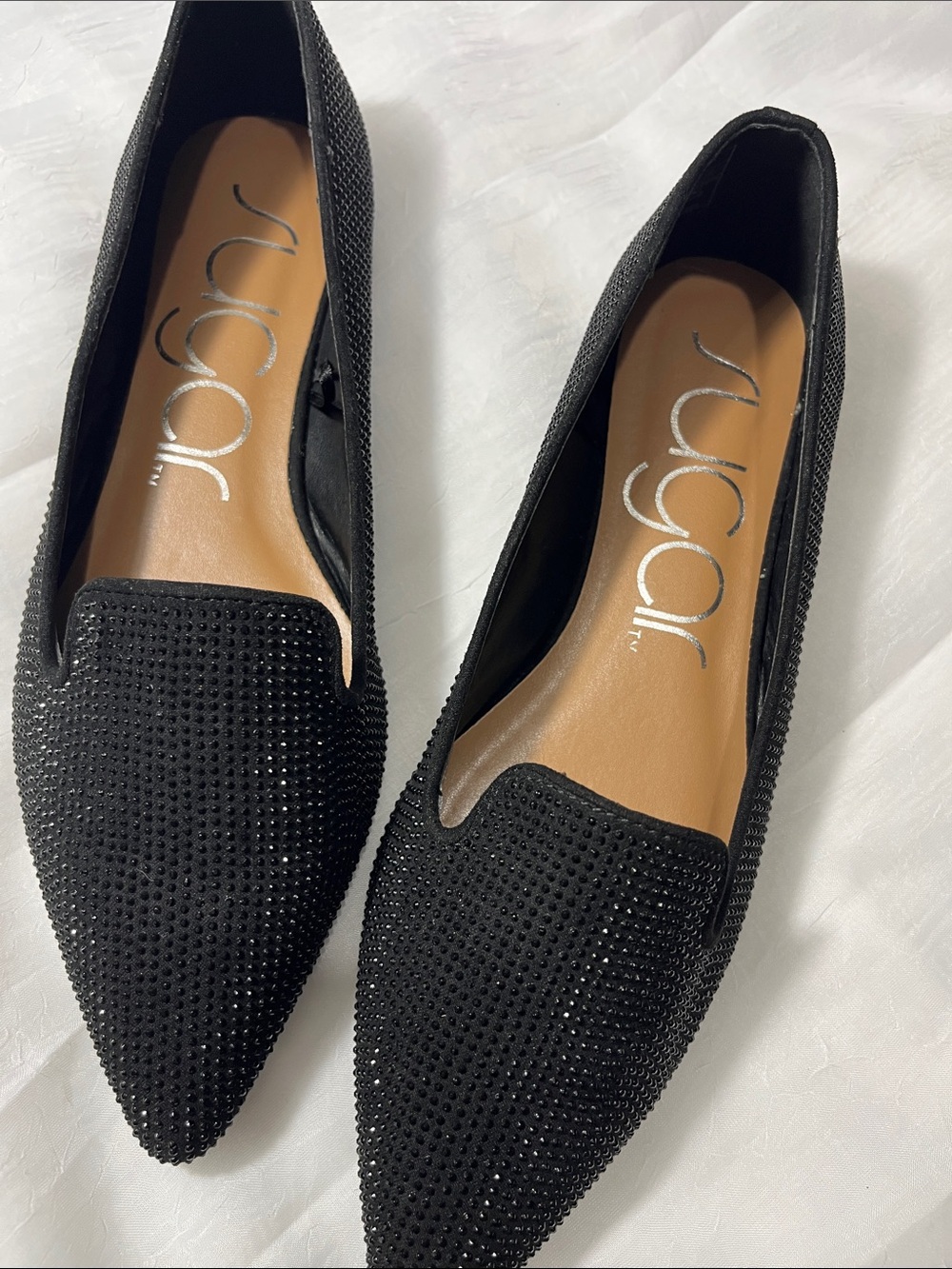 Sugar Louise Black Rhinestone Pointed Toe Flats - Size 7.5M (NWOB)